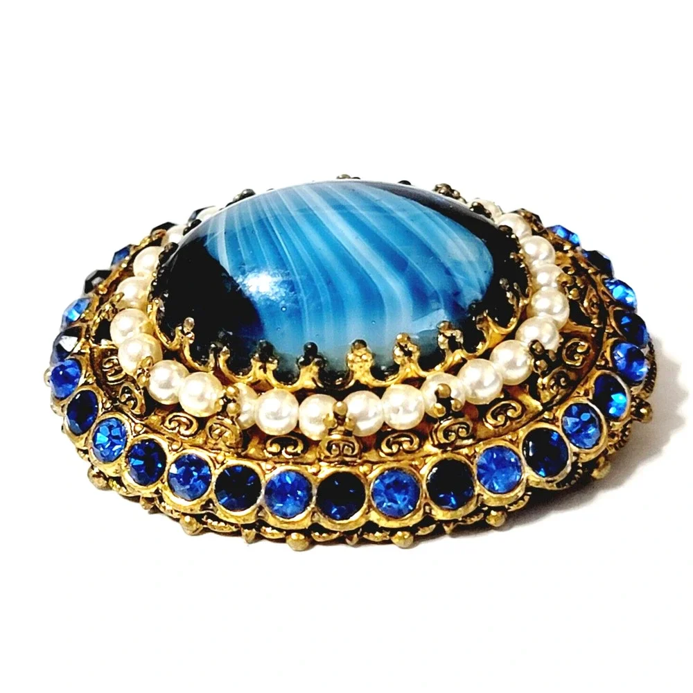 Stunning Blue Slag Glass Brooch Pin Rhinestones 2